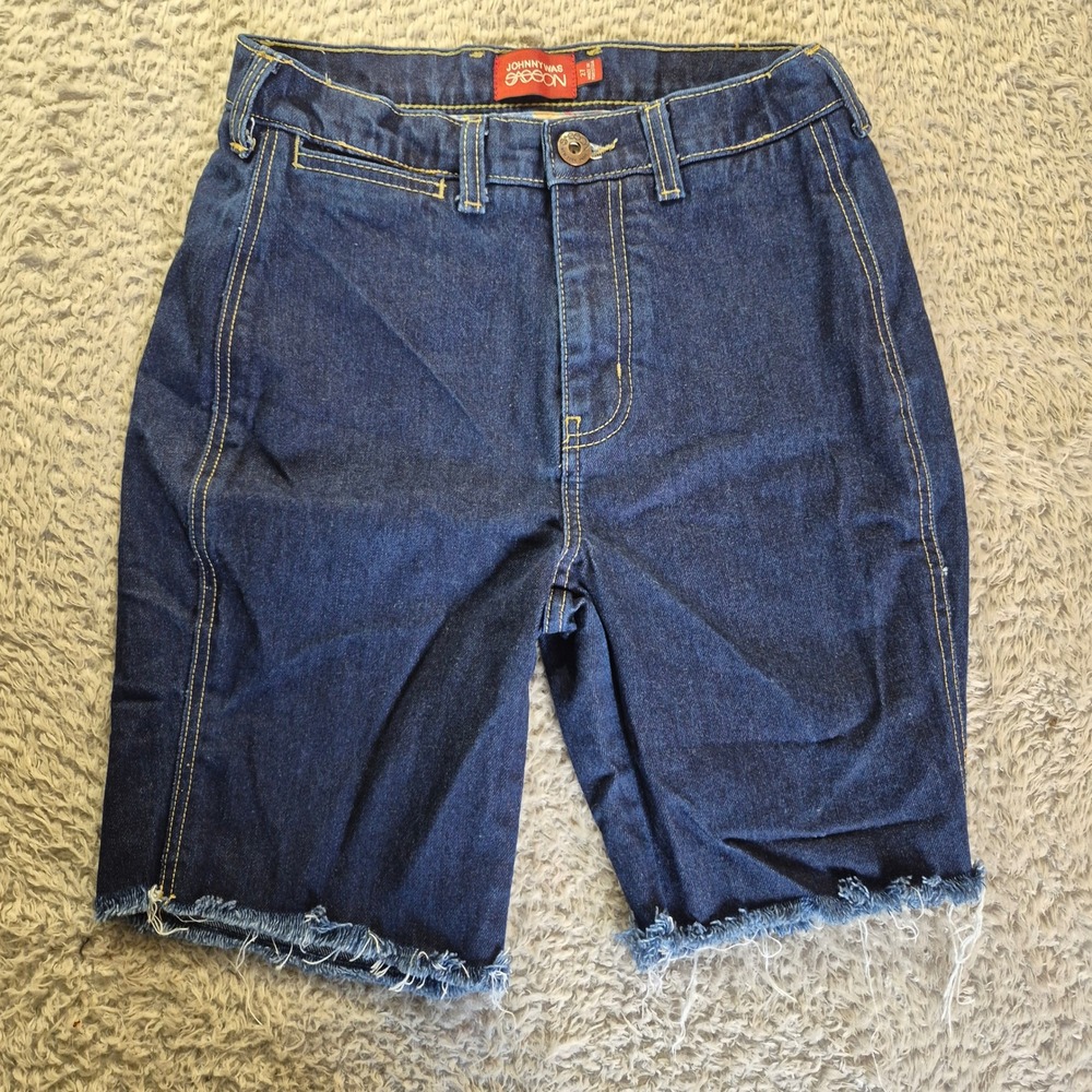 Johnny Was Sasson Denim Shorts Womens Size 27 Dark Wash Raw Hem Boho 90s Retro